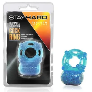 Blush Stay Hard Vibrating Reusable 5 Function Cock Ring - Blue