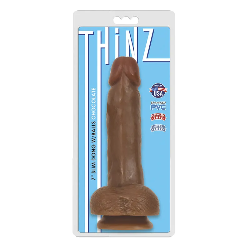 Curve Toys Thinz 7 in. Slim Dildo with Balls & Suction Cup Brown