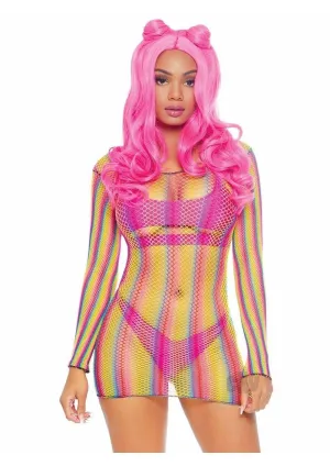 Rainbow Fishnet Long Sleeved Mini Dress - One Size - Rainbow