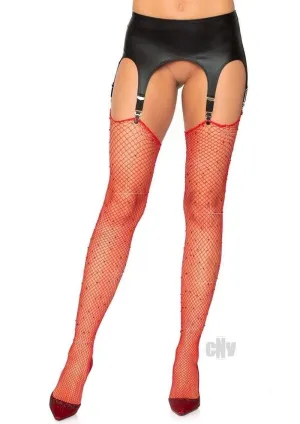 Rhinestone Fishnet Stockings - One Size - Red